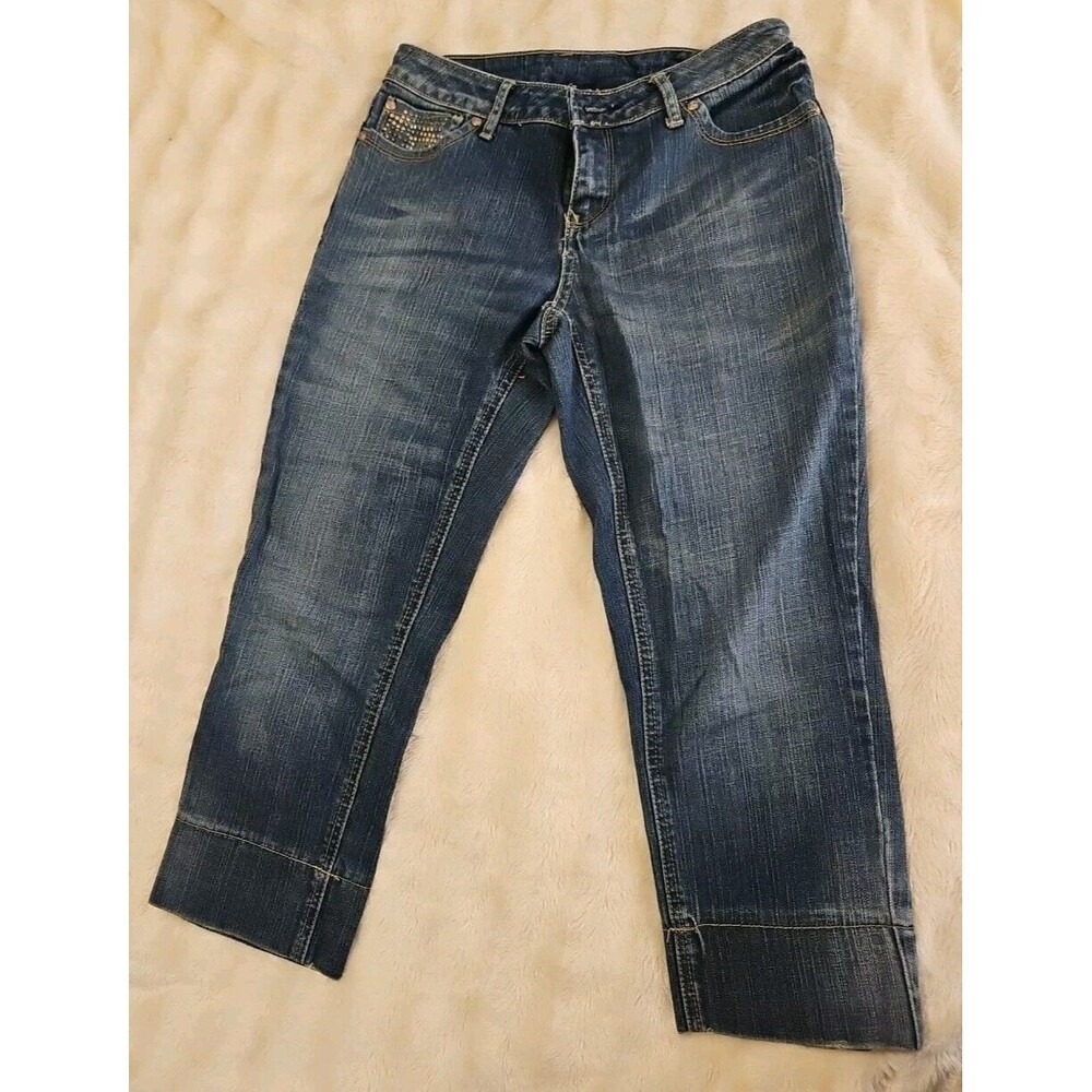 Bisou Bisou Womens Capri Jeans Sz 2 With Copper & Gunmetal Rhinestone Accents - Picture 3 of 9